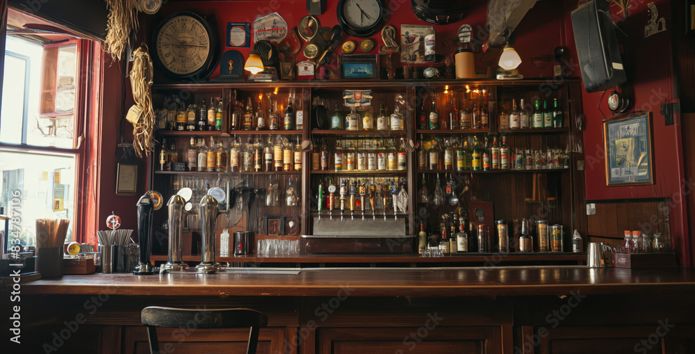 the counter bar in a cosy old english or irish pub with lots of whisky bottles in the background the counter bar in a cosy old english or irish pub with lots of whisky bottles in the background