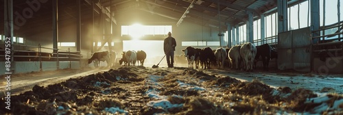 A herd of cows stands in a stable and is fed by the farmer photo