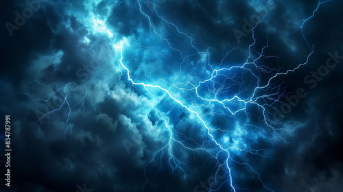 
Lightning, electric thunderbolt strike of blue color during night storm, impact, crack, magical energy flash