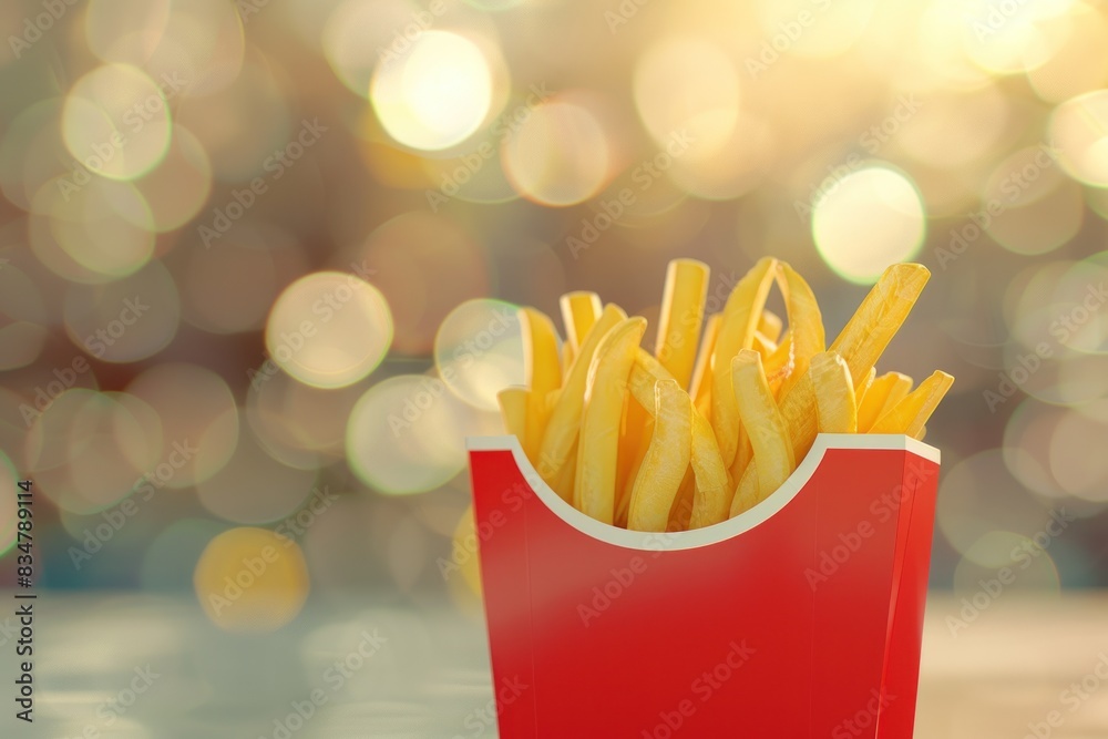 Crispy Golden French Fries in a Classic Red Carton Against a Blurry Lights Background Generative AI Crispy Golden French Fries in a Classic Red Carton Against a Blurry Lights Background Generative AI