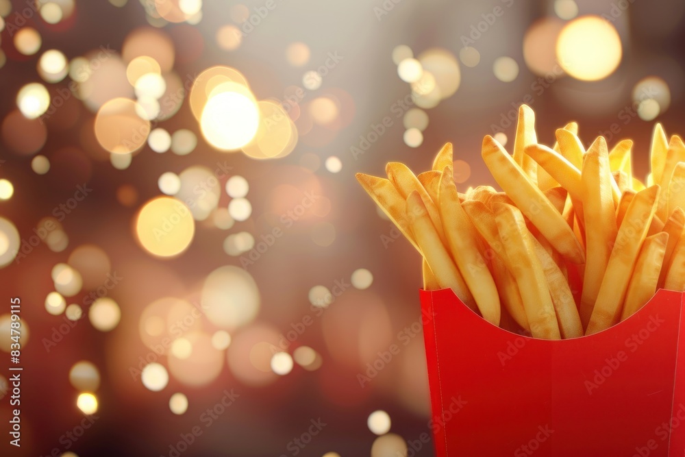 Crispy Golden French Fries in a Classic Red Carton Against a Blurry Lights Background Generative AI Crispy Golden French Fries in a Classic Red Carton Against a Blurry Lights Background Generative AI