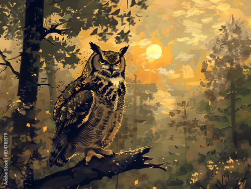 Majestic owl perched in tranquil woods, vigilant and wise guardian of the peaceful forest. photo