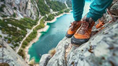 Closeup of Hiking Boots on Mountain Cliff Overlooking Turquoise Lake