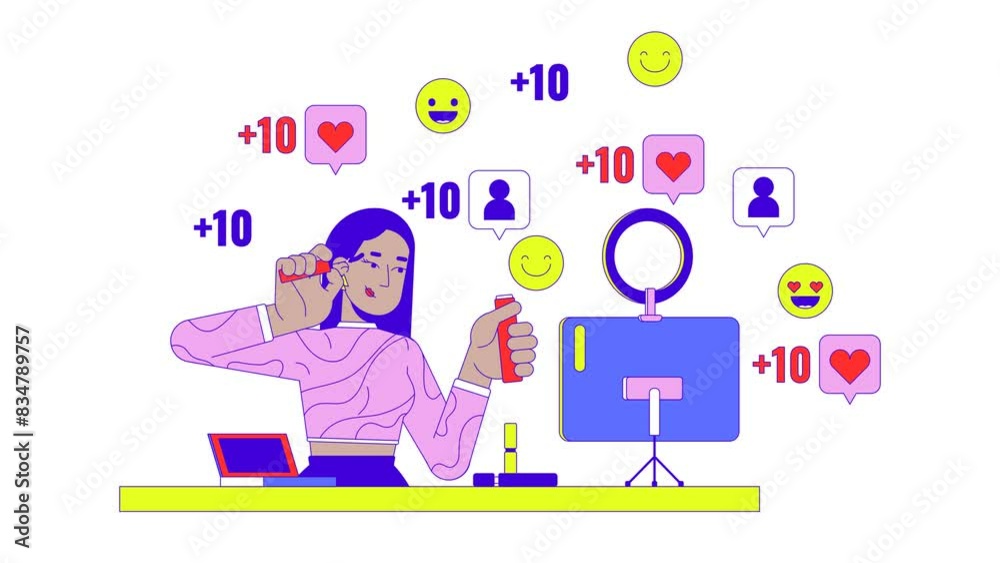 Makeup artist influencer line 2D animation. Middle eastern female visagiste applying mascara 4K video motion graphic. Social media marketing linear animated cartoon flat concept, white background