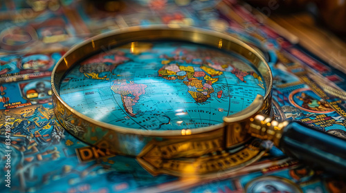 A magnifying glass is on top of a map of the world