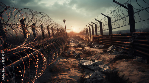 Border of two countries separated with fence and barbed wire high security sunset evening shot conflict relationship concept photo