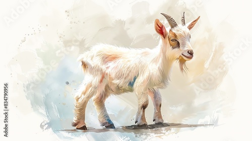 A charming watercolor painting of a young, white goat against a soft background, showcasing its delicate features and innocence. photo