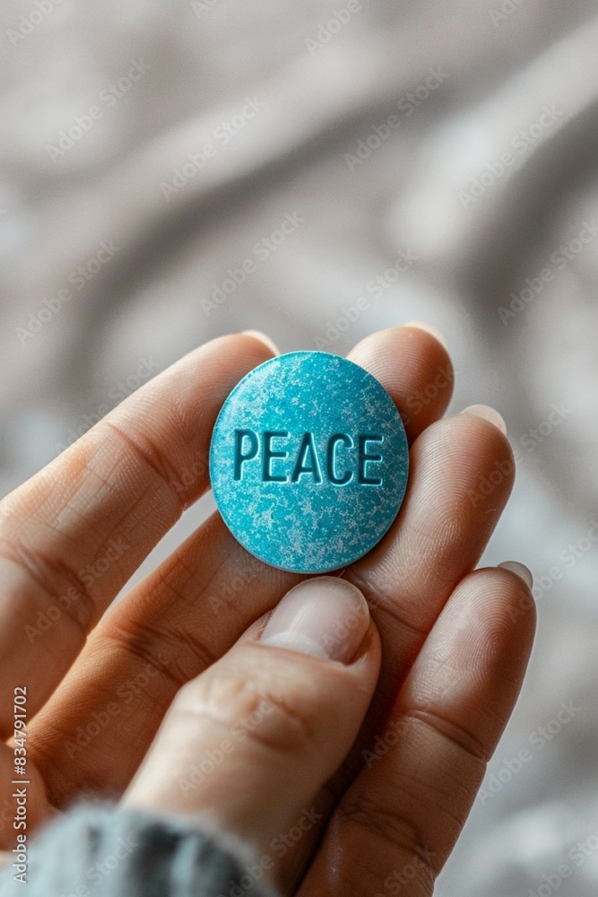 Close-up of a woman's palm holding a round blue tablet with the inscription PEACE Close-up of a woman's palm holding a round blue tablet with the inscription PEACE