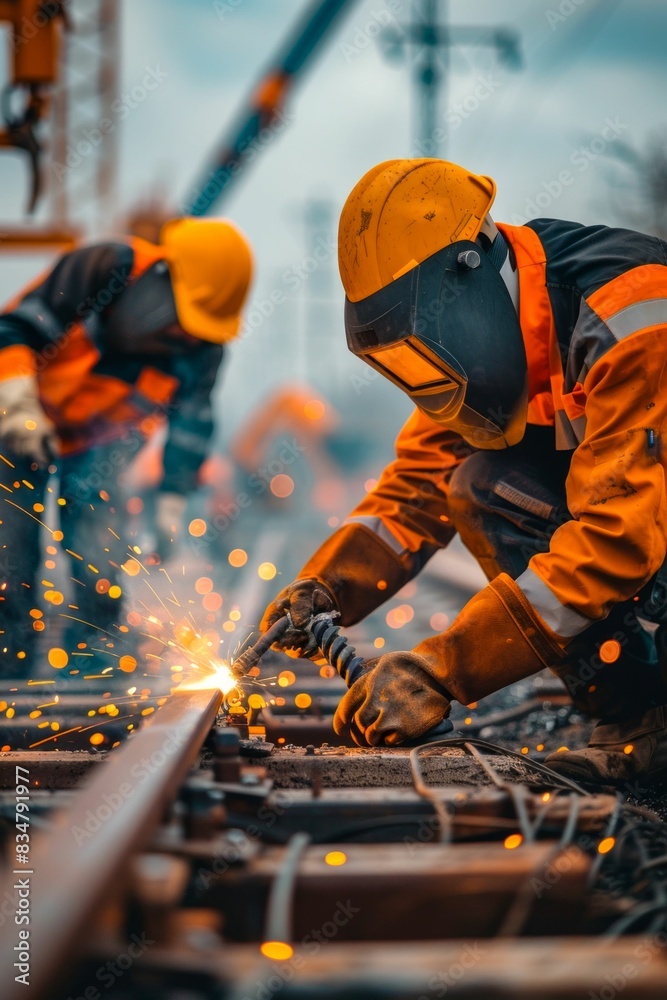 Construction Worker Welding Metal with Sparks. Generative ai Construction Worker Welding Metal with Sparks. Generative ai