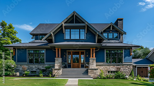 Modern luxury home nestled in lush green landscape generated by artificial intelligence A large gray craftsman new construction house classic craftsman style house with wrap-around porch  