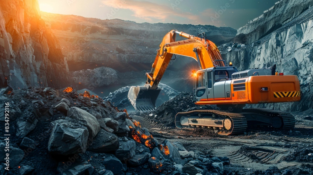 Excavator Operating in a Quarry at Sunset. Generative ai Excavator Operating in a Quarry at Sunset. Generative ai