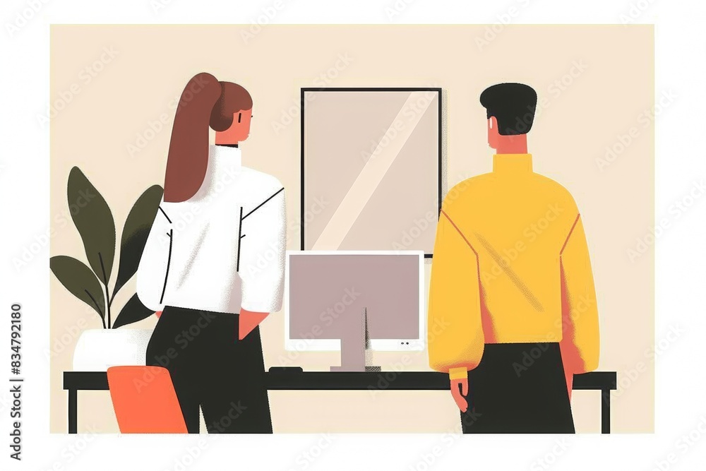 Two people discussing work while facing the computer, upper body, close-up, flat illustration, cartoon, cute, yellow tone, white background
