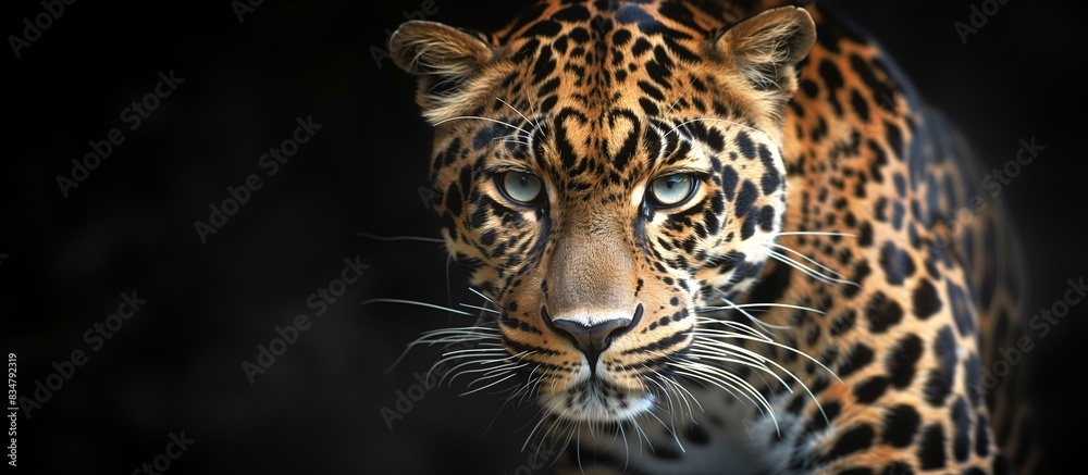 Naklejka premium Close-up of a beautiful leopard, solid black background, copy space.