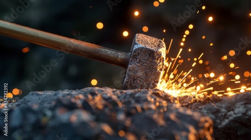 Hammer Striking Metal with Sparks. Generative ai © Scrudje