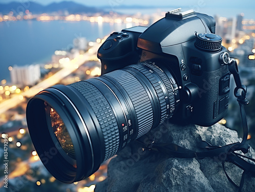 Professional camera with a zoom lens on blurred cityscape backdrop, capturing the concept of photography. Generative AI