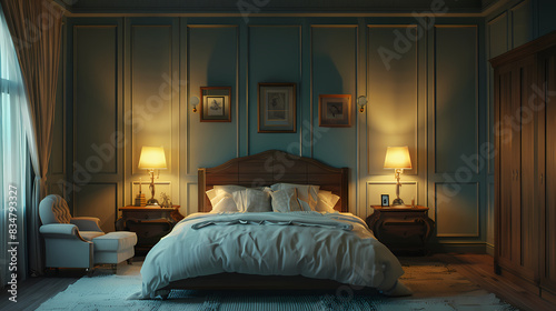 Elegant bedroom interior with bedforniture and framefront view Ai generative © TP SHOTS