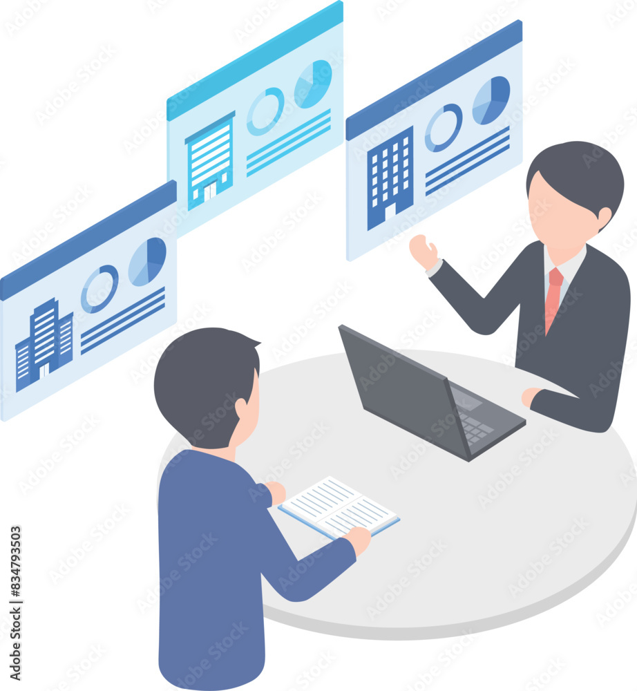 複数の企業の情報を見ながら打ち合わせをしている2人のスーツの男性 複数の企業の情報を見ながら打ち合わせをしている2人のスーツの男性