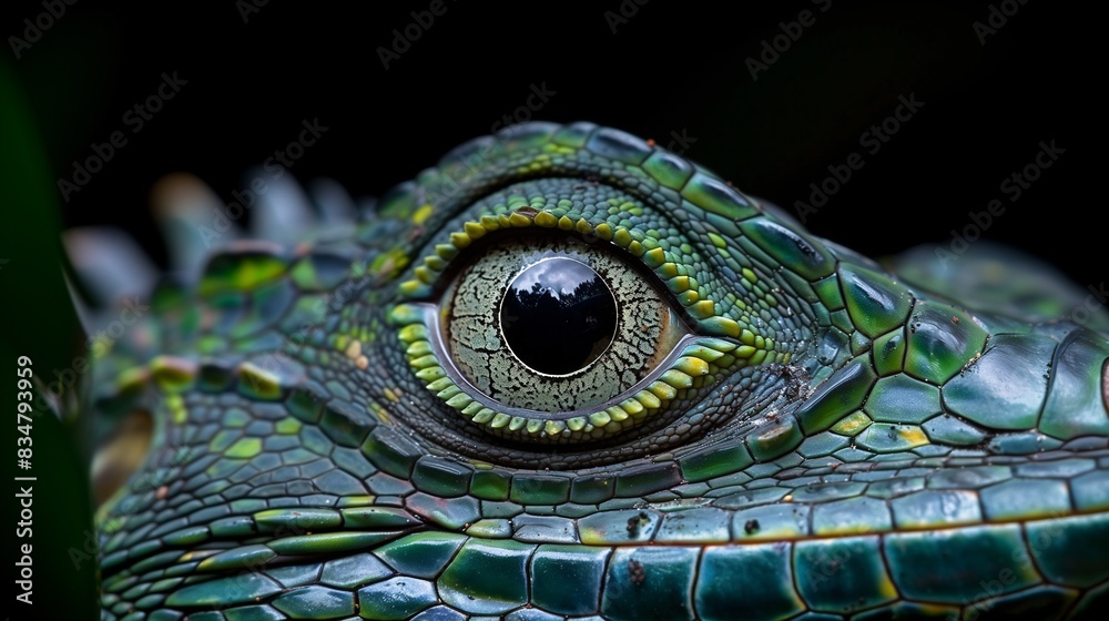 Obraz premium Extreme close-up of a beautiful and impressive iguana eye, copy space.