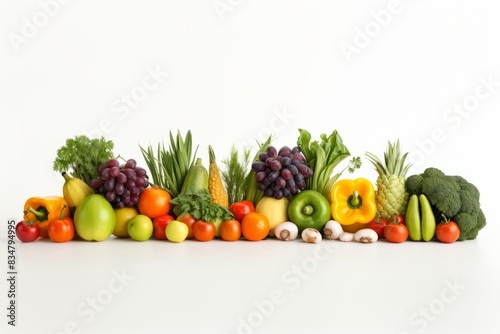 Composition of fruits and vegetables isolated on white background. Nice wide frame with free space for text. Collage