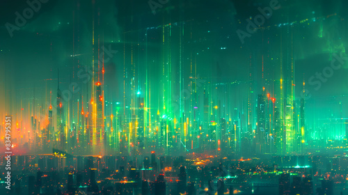 A futuristic cityscape with vibrant colors and abstract light streaks on a dark background  inspired by cyberpunk aesthetics. Generative AI