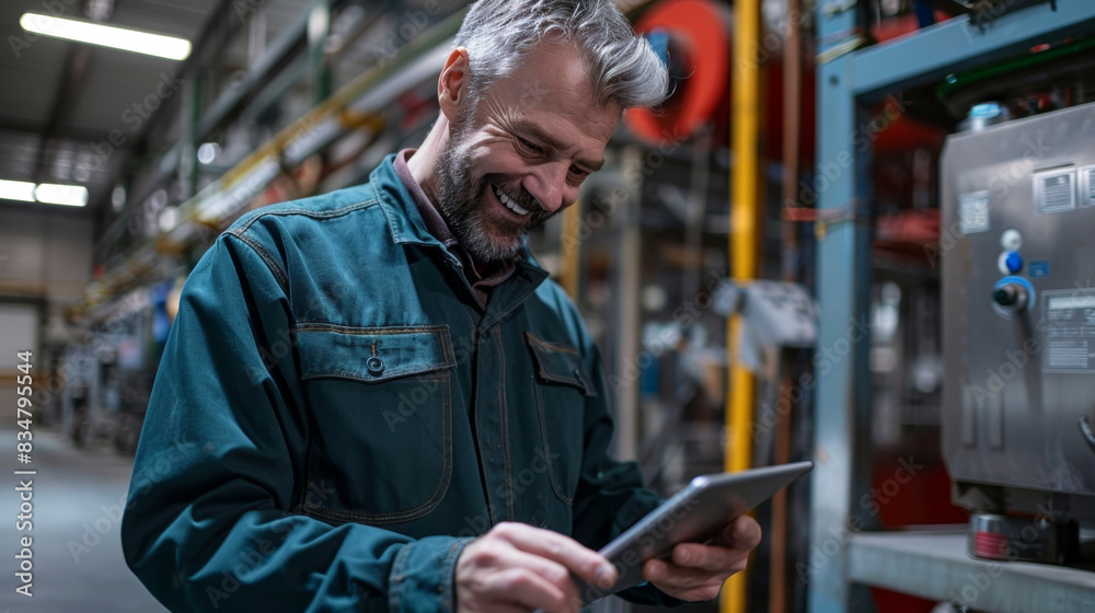 Smiling engineer uses tablet in industrial setting, showcasing manufacturing expertise and technology. Smiling engineer uses tablet in industrial setting, showcasing manufacturing expertise and technology.