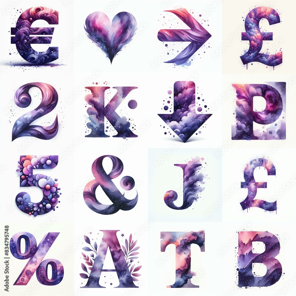Violet watercolor Lettering Typeface. AI generated illustration