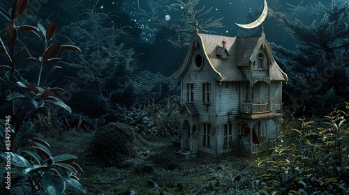 A book cover with a lone, dilapidated Victorian dollhouse under a crescent moon, set against a backdrop of a shadowy, overgrown garden, hinting at hidden horrors. photo