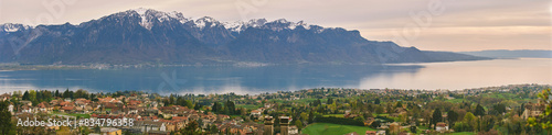 Panoramic banner with landscape view of swiss alpine mountains and small villages between Montreux and Vevey, canton of Vaud, Switzerland
