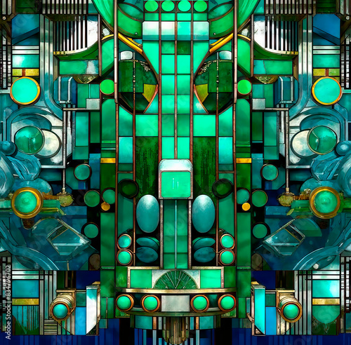 Geometric Abstract beatiful vintage background Artwork in blue and green Tones, glass mosaic, retrofuturism. Abstract artistic background in Retro, nostalgic. Textured background.