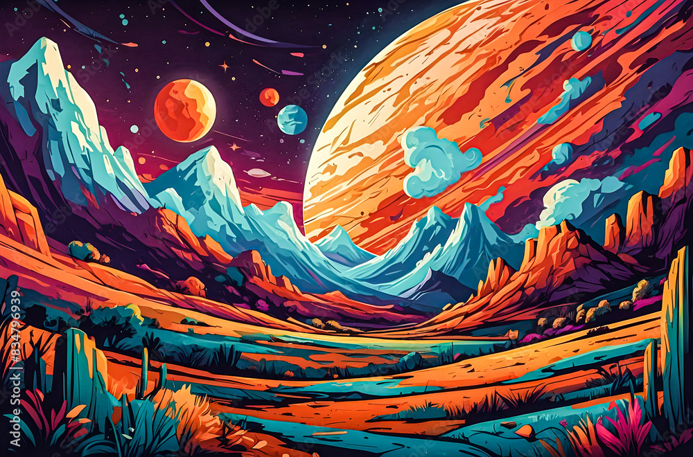 A colorful, cartoonish planet with exaggerated features like oversized rings and vibrant surface patterns vector art illustration generative AI.

