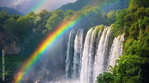 A vibrant rainbow arches over a sparkling waterfall in a lush  green forest  showcasing nature s beauty.