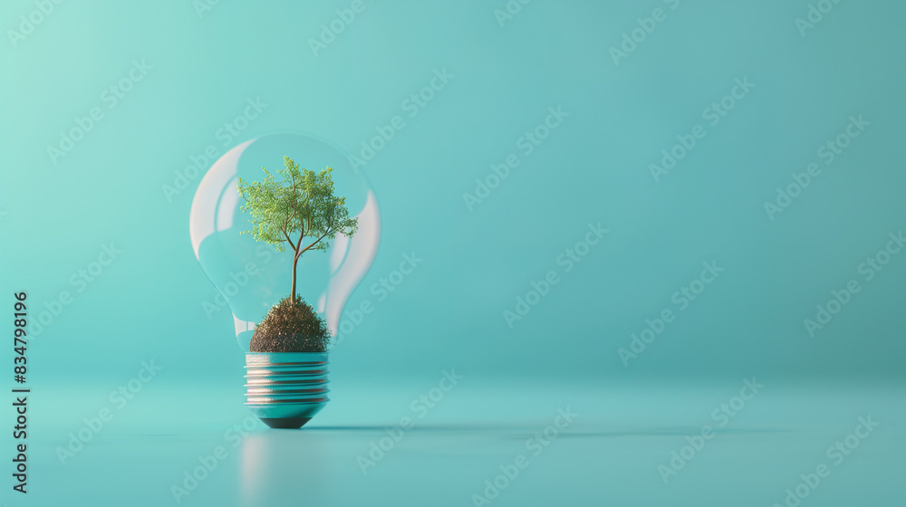 A 3D light bulb with a small tree growing inside, symbolizing green energy and sustainability. A 3D light bulb with a small tree growing inside, symbolizing green energy and sustainability.
