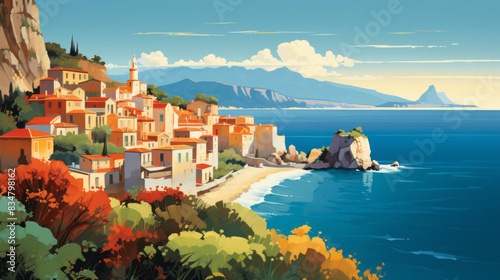 vintage tourism poster style landscape of a coastal resort on the mediterranean photo