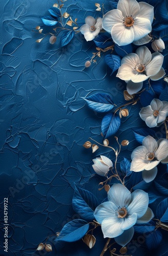 Elegant floral illustration with blue leaves and silver flowers on a blue background