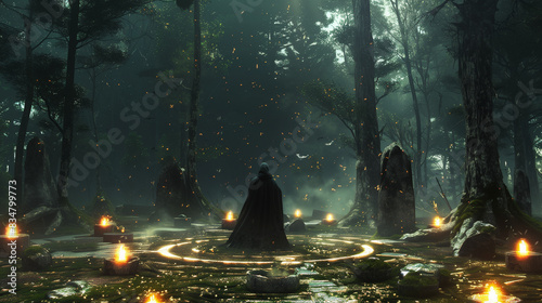 A lone figure in dark robes stands at the center of an enchanted forest clearing surrounded by ancient stone circles and glowing runes photo