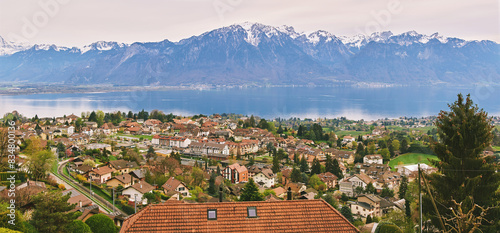 Panoramic banner with landscape view of swiss alpine mountains and small villages between Montreux and Vevey, canton of Vaud, Switzerland