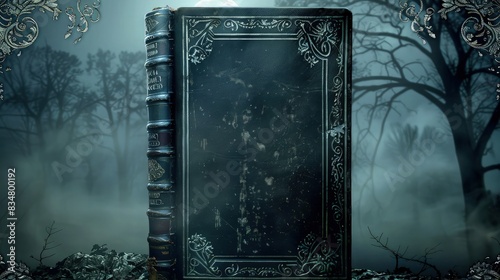 Ornate, closed, antique spell book stands vertically in a dense, foggy, dark forest clearing perfect for gothic or occult themed advertising designs.