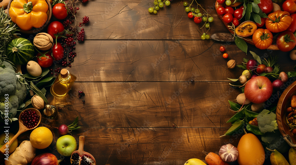 Assorted Fresh Fruits and Vegetables on Wooden Table Assorted Fresh Fruits and Vegetables on Wooden Table