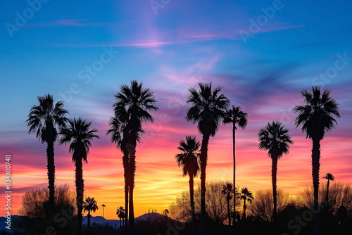 Winter sunset with palm trees are silhouetted against a beautiful desert