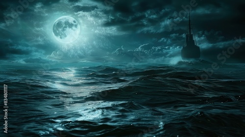 A dark ocean scene for a book cover  featuring stormy waters under a full moon  with a faint silhouette of a ghost ship on the horizon  hinting at a haunted or supernatural tale.