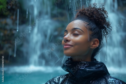 Woman Enjoying Rainfall by Waterfall.
