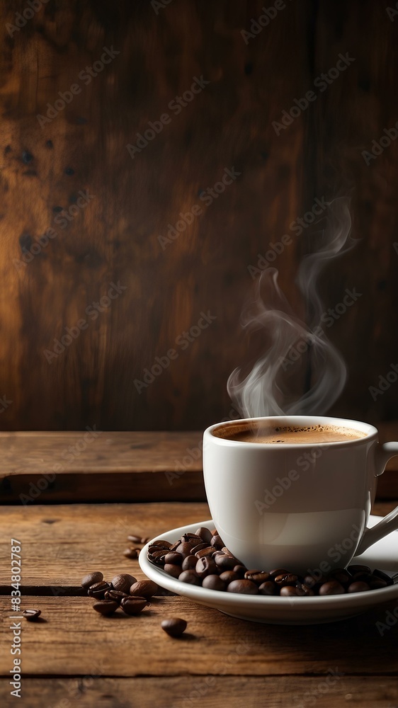 Steaming Cup of Coffee on Wooden Table Steaming Cup of Coffee on Wooden Table