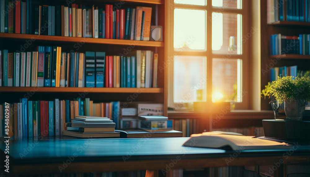 minimalist study room with wall covered with books, daylight lighting, bright colours

