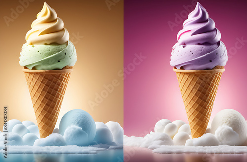 Two ice cream cones in different colors, snow balls around