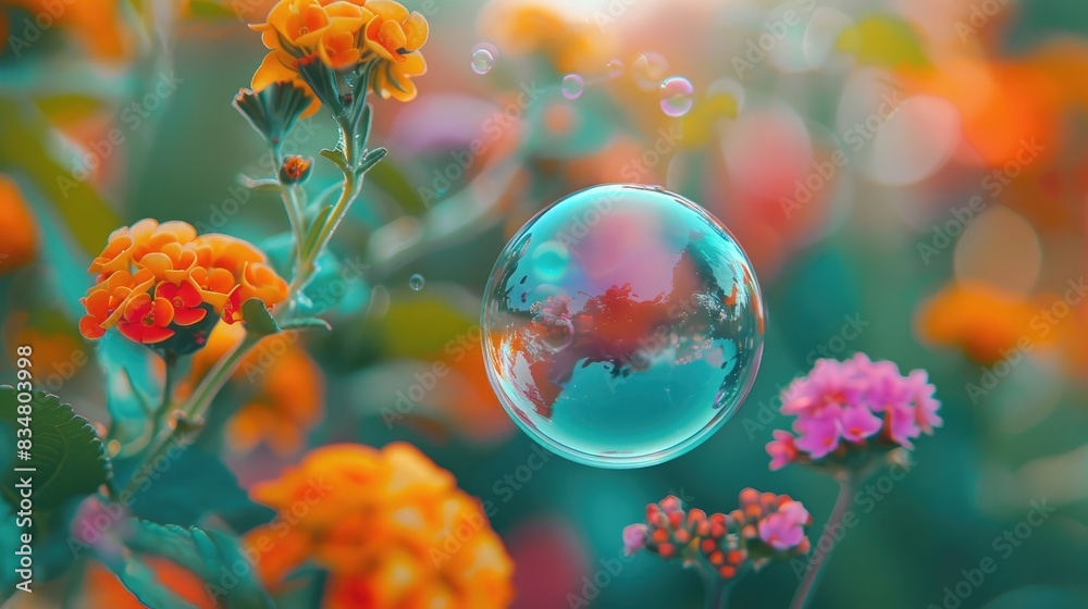 Obraz premium Soap bubbles reflect the surrounding orange flowers and sunlight, creating the illusion of a fairy-tale world