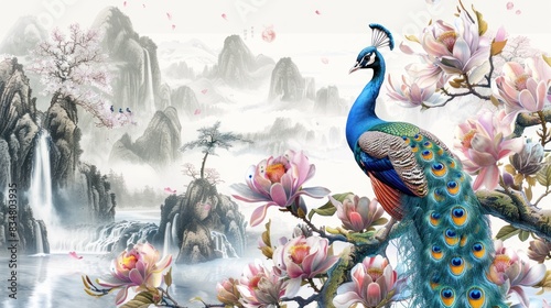 3D peacock sitting on a magnolia tree branch wallpaper