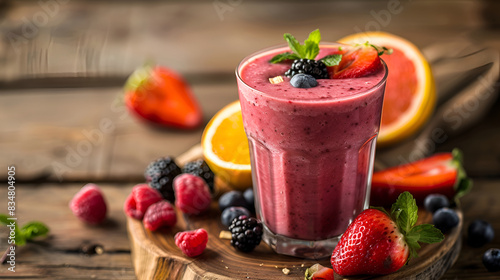 beautiful smoothie background with copy space Stock image of acai smoothie served in a glass with fresh fruit garnish  nutritious and energizing drink