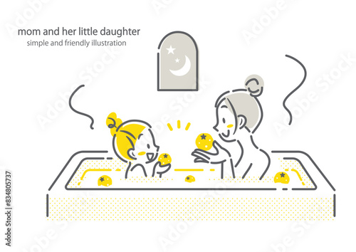 柚子湯を楽しむお母さんと女の子　シンプルでお洒落な線画イラスト