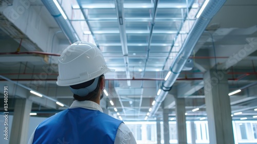 A Construction Worker in Hard Hat Inspecting Ceilings in Open Space
 photo