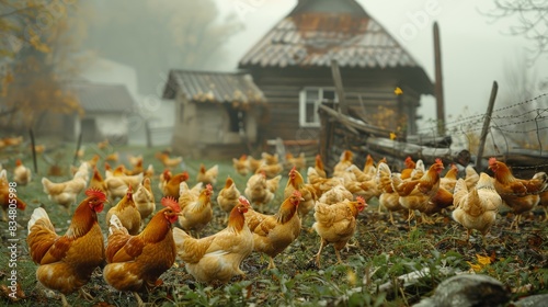 A flock of chickens roam freely in a foggy, rustic countryside setting photo